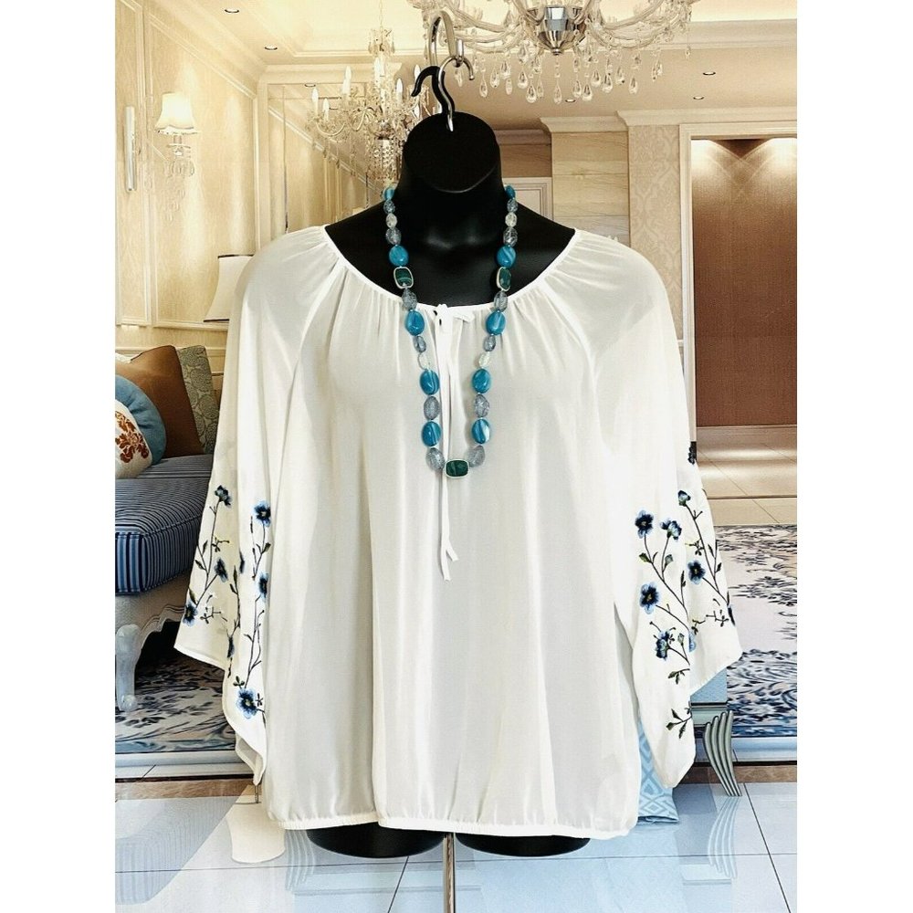 NWOT ALYX Ivory/Blue 2XL Floral Embrioded Long Bell Slv Scoop Neck SheeTunic Top